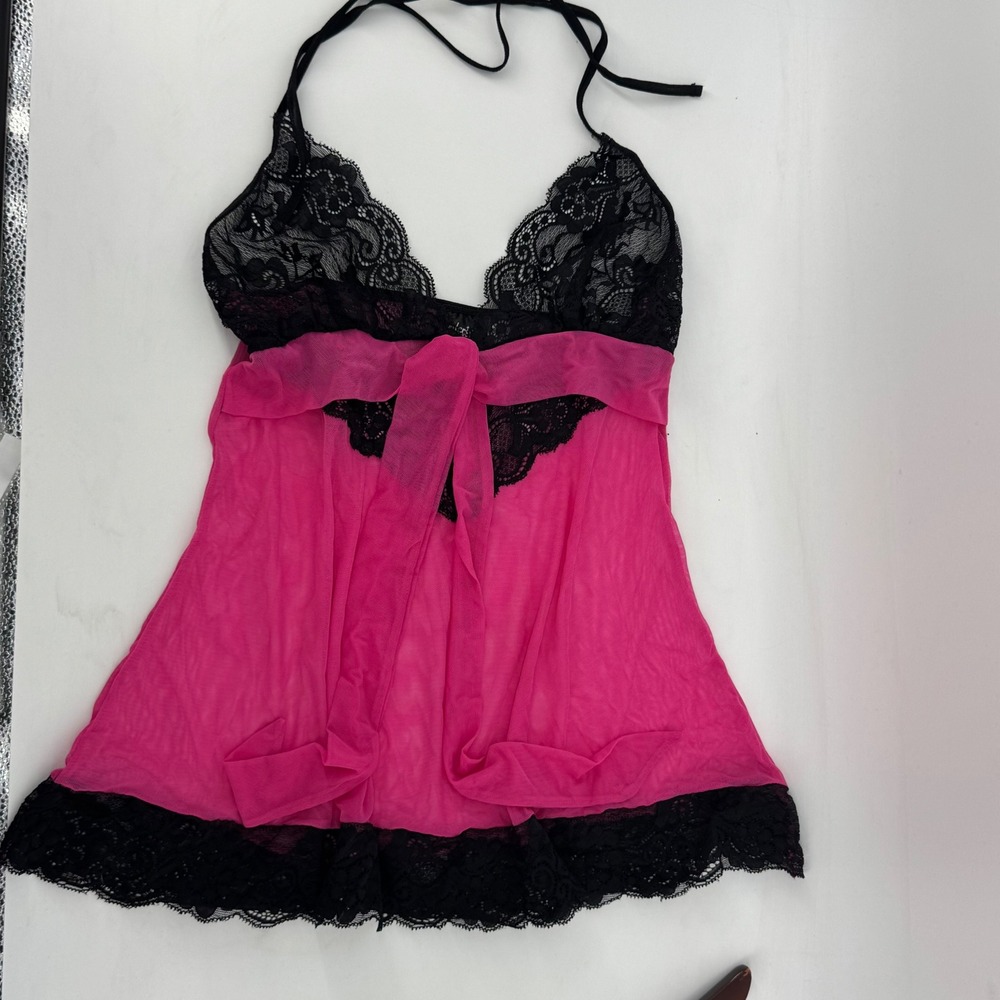 Fredericks of Hollywood Hot Pink Black Lace Mesh Halter Babydoll Chemise Medium - Picture 2 of 6